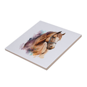 Brown Horse Head Portrait in Watercolor Tile