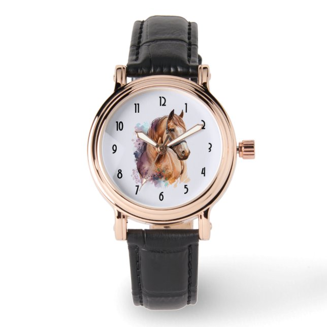 Brown Horse Head Portrait in Watercolor Watch (Front)