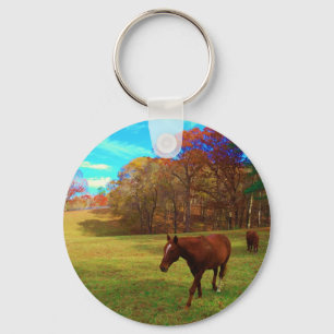 Brown Horse in a Rainbow coloured field Keychain