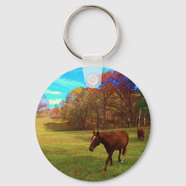 Brown Horse in a Rainbow coloured field Keychain (Front)