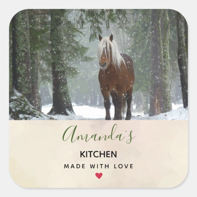 Brown Horse in a Winter Forest Kitchen Square Sticker (Front)
