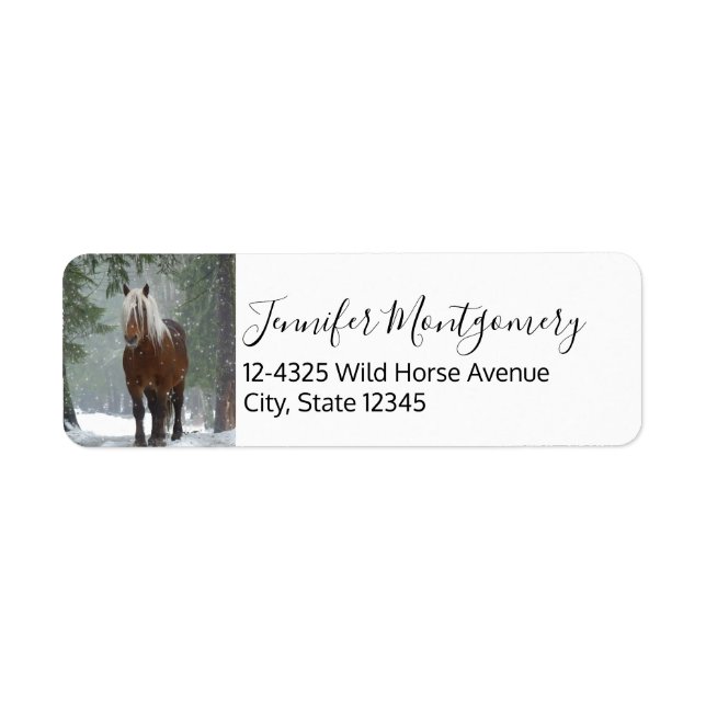 Brown Horse in a Winter Forest with Snow Falling (Front)