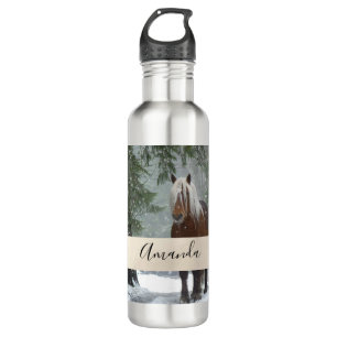 Brown Horse in a Winter Forest with Snow Falling 710 Ml Water Bottle