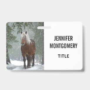 Brown Horse in a Winter Forest with Snow Falling Badge