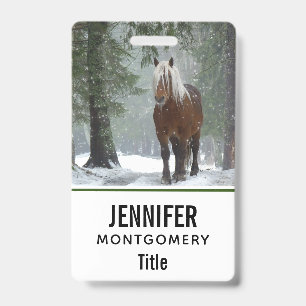 Brown Horse in a Winter Forest with Snow Falling Badge