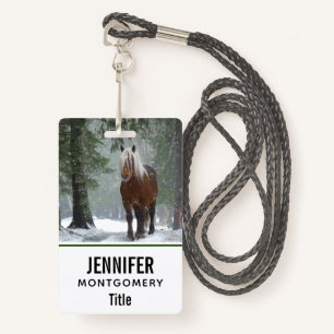 Brown Horse in a Winter Forest with Snow Falling Badge