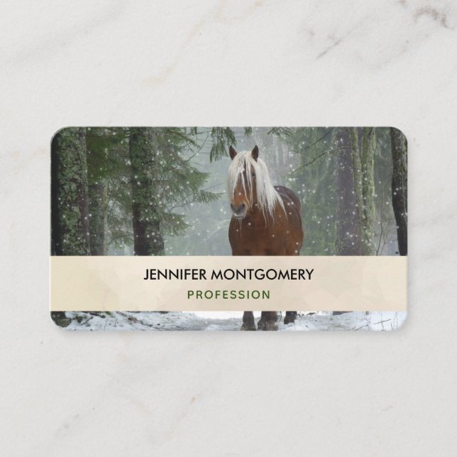 Brown Horse in a Winter Forest with Snow Falling Business Card (Front)