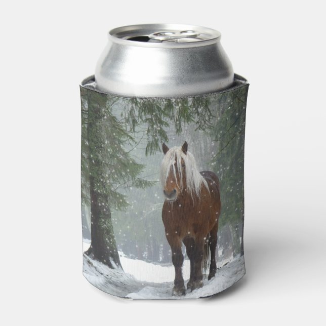 Brown Horse in a Winter Forest with Snow Falling Can Cooler (Can Front)