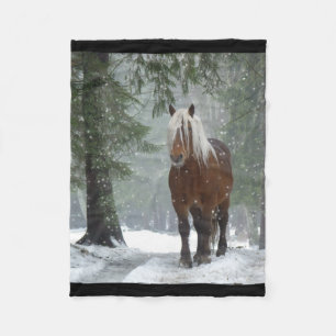 Brown Horse in a Winter Forest with Snow Falling Fleece Blanket