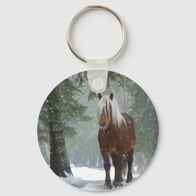 Brown Horse in a Winter Forest with Snow Falling Keychain (Front)