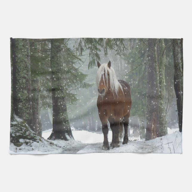 Brown Horse in a Winter Forest with Snow Falling Kitchen Towel (Horizontal)