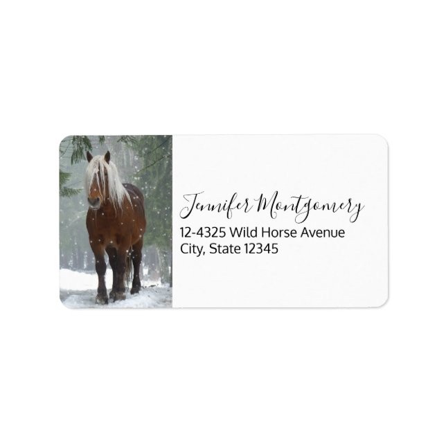 Brown Horse in a Winter Forest with Snow Falling Label (Front)