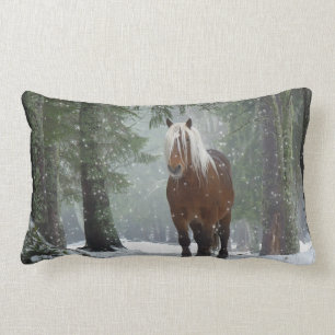 Brown Horse in a Winter Forest with Snow Falling Lumbar Pillow