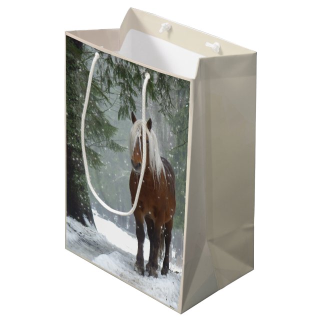 Brown Horse in a Winter Forest with Snow Falling Medium Gift Bag (Front Angled)