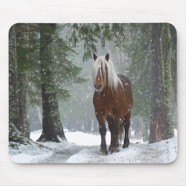Brown Horse in a Winter Forest with Snow Falling Mouse Pad (Front)