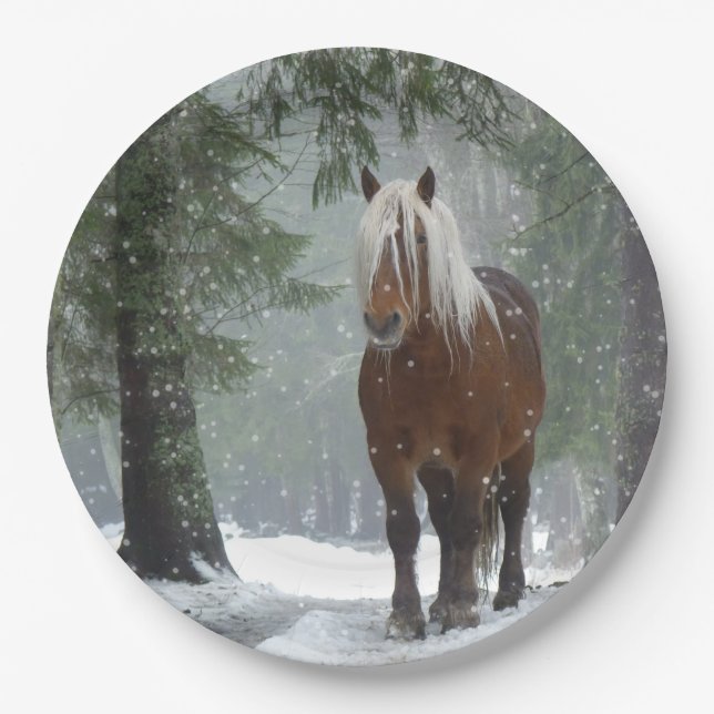 Brown Horse in a Winter Forest with Snow Falling Paper Plate (Front)