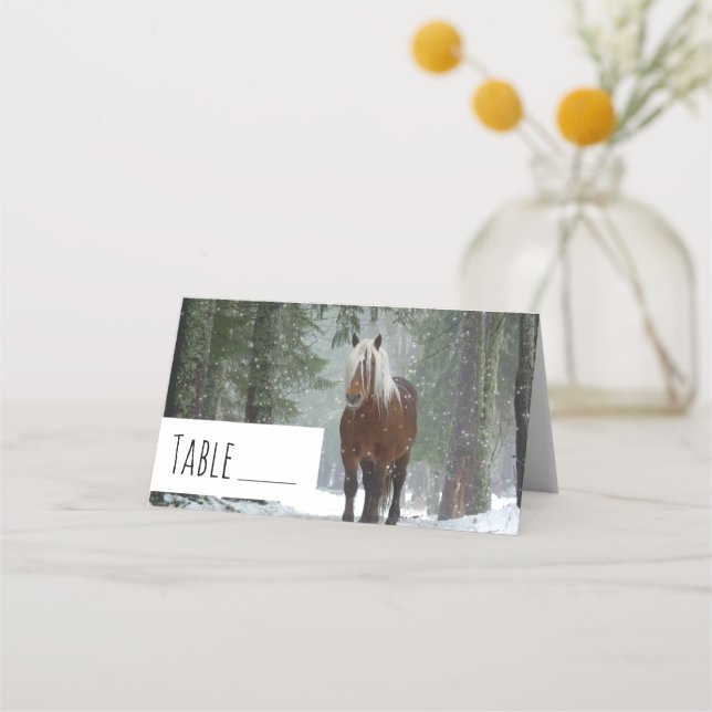 Brown Horse in a Winter Forest with Snow Falling Place Card (Front)