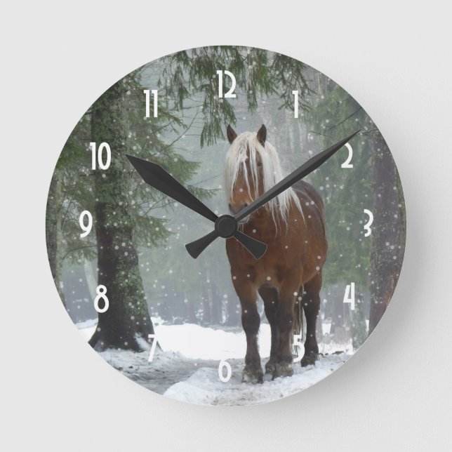 Brown Horse in a Winter Forest with Snow Falling Round Clock (Front)