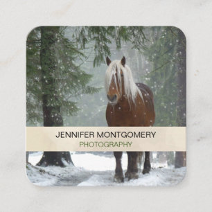 Brown Horse in a Winter Forest with Snow Falling Square Business Card