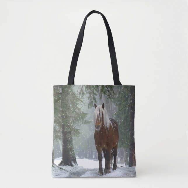 Brown Horse in a Winter Forest with Snow Falling Tote Bag (Front)