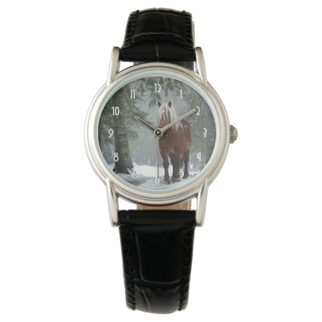 Brown Horse in a Winter Forest with Snow Falling Watch (Front)