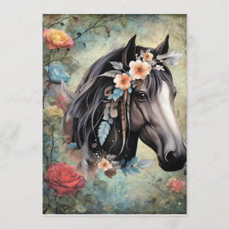  Brown horse in flowers. Menu