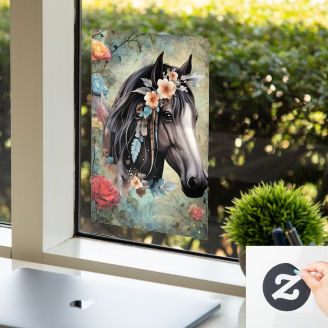  Brown horse in flowers. Window Cling (Office)