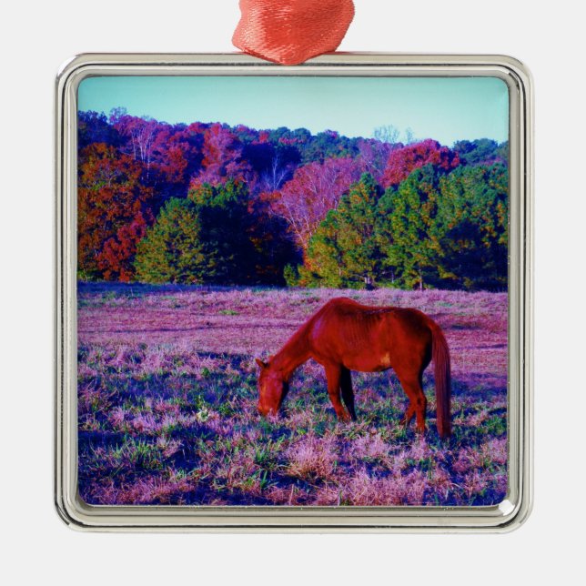 Brown horse in Purple Grass Metal Ornament (Front)
