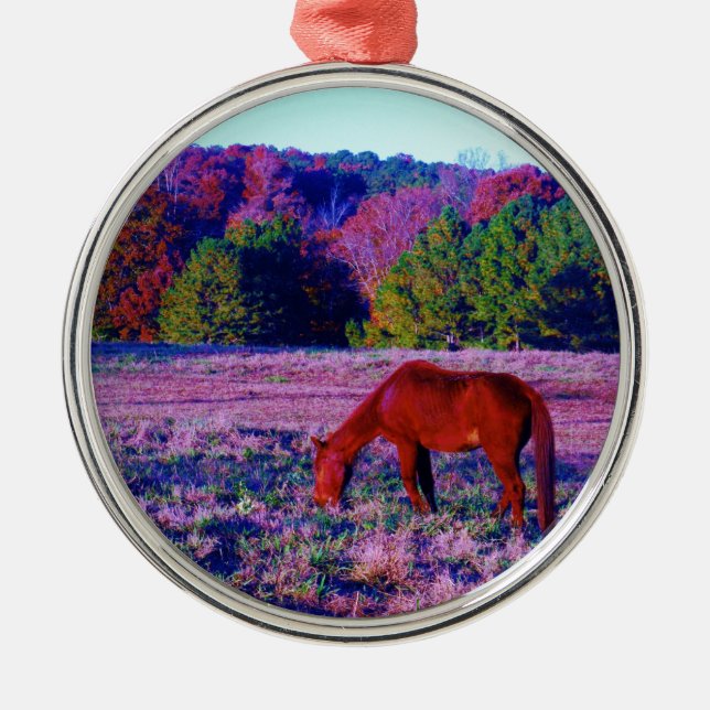 Brown horse in Purple Grass Metal Ornament (Front)