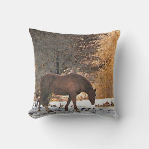 Brown Horse in Winter Animal Outdoor Pillow