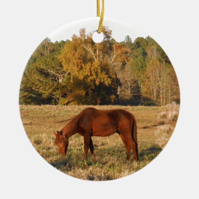 Brown horse in  yellow tree field ceramic ornament (Front)