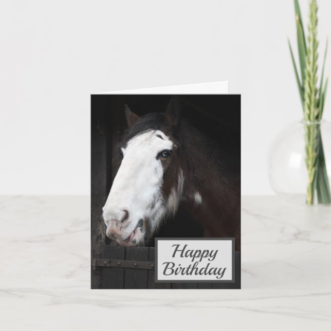 Brown Horse on Farm Happy Folded Birthday Card (Front)