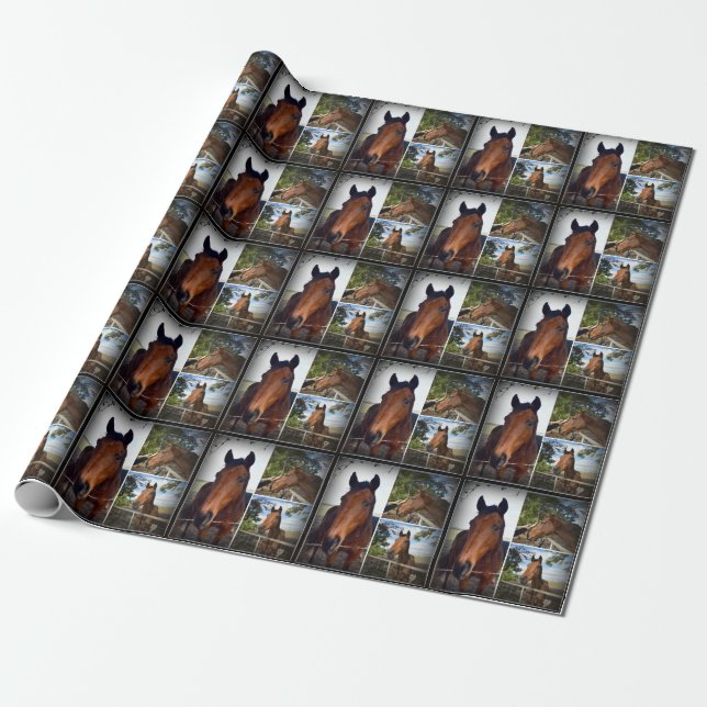 Brown Horse Photo Collage, Gift Wrapping Paper (Unrolled)