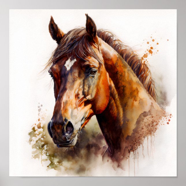 Brown Horse Portrait Watercolor Poster (Front)