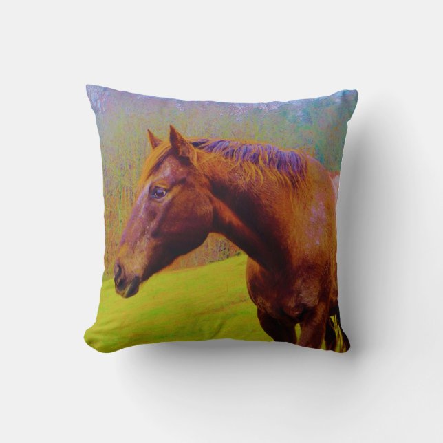 Brown Horse, Purple Trees Throw Pillow (Front)