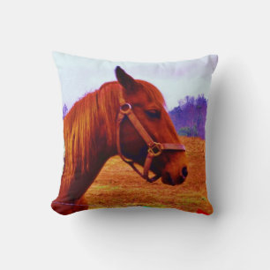 Brown Horse, Purple Trees Throw Pillow