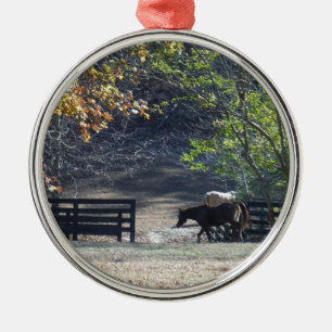 Brown Horse walking through Fence Metal Ornament
