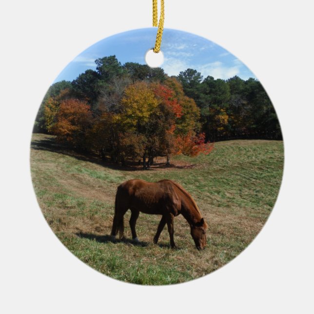 Brown horse with fall trees ceramic ornament (Front)