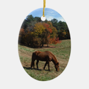 Brown horse with fall trees ceramic ornament