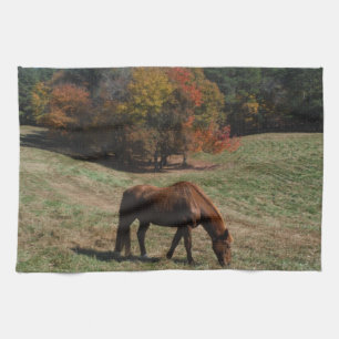 Brown horse with fall trees kitchen towel