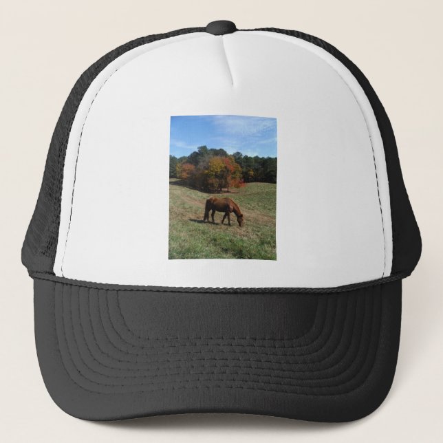 Brown horse with fall trees trucker hat (Front)