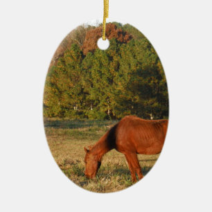Brown Horse with Pine Trees Ceramic Ornament