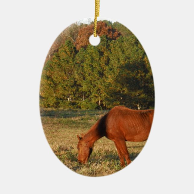 Brown Horse with Pine Trees Ceramic Ornament (Front)