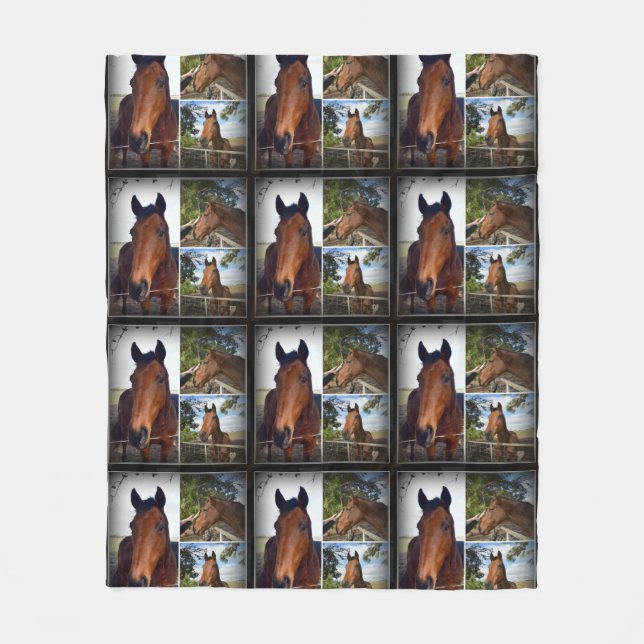 Brown Horses In A Photo Collage,Medium Fleece Blanket (Front)