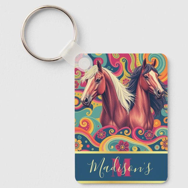Brown Horses on colourful pattern name Keychain (Front)