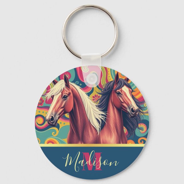 Brown Horses on colourful pattern name Keychain (Front)