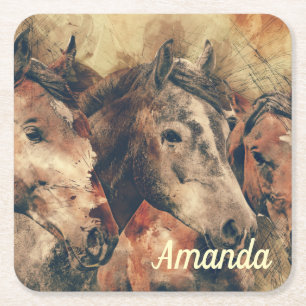 Brown Horses Square Paper Coaster