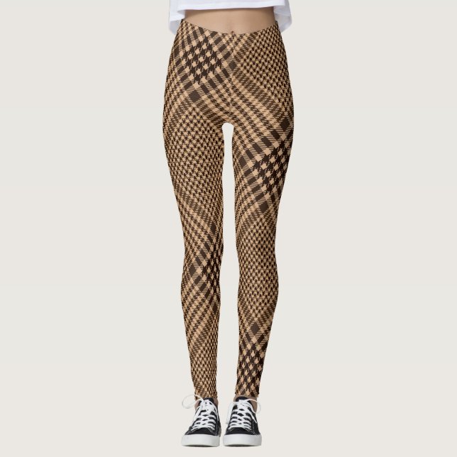 Brown Houndstooth Scottish Check Plaid Pattern Leggings (Front)