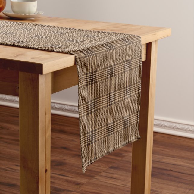 Brown Houndstooth Scottish Check Plaid Pattern Long Table Runner (In Situ)