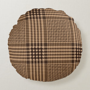 Brown Houndstooth Scottish Check Plaid Pattern Round Pillow
